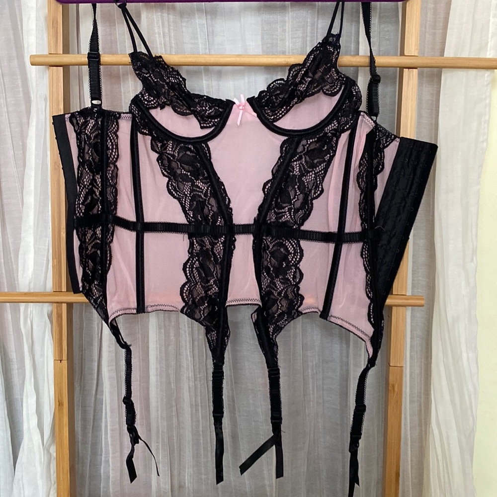 Seven ’til Midnight 2PC Pink  Underwired and Gartered Bustier Set , Size Small